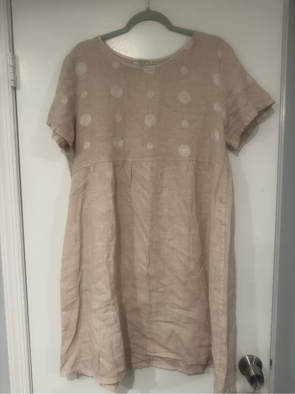 Terzo Millennio Beige Linen Embroidered Polka Dot Dress Large
